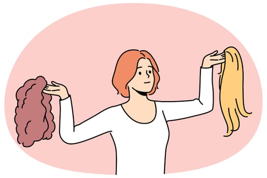 Smiling woman choosing wig. Happy girl with wigs of different hair type. Hairstyle and haircare. Vector illustration.