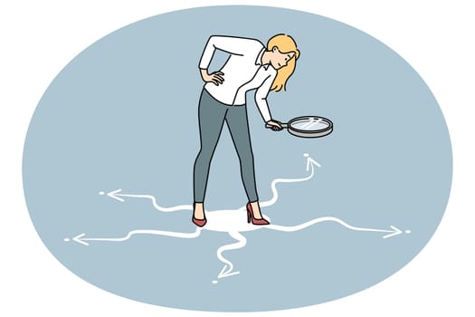 Businesswoman with magnifying glass looking at roads directions. Female employee with magnifier search find correct way. Vector illustration.