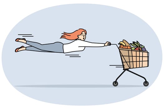 Woman pulled by shopping cart full of groceries. Frustrated female customer buying groceries in supermarket on sale or promotion. Vector illustration.