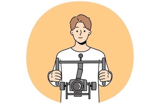 Male operator with professional camera with stabilizer in hands. Man videographer holding dslr camera filming with stabilization. Vector illustration.