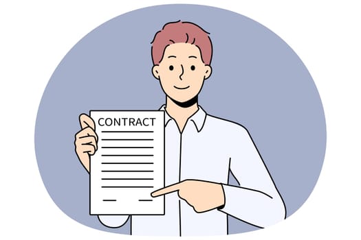 Smiling man show place to sign agreement