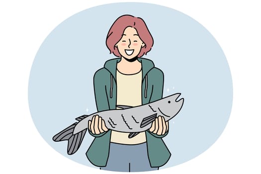 Smiling woman holding fish in hands excited with successful fishing. Happy female fisher with haul. Hobby and entertainment. Vector illustration.