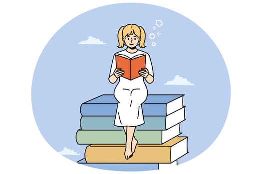 Smiling girl sit on stack of books reading. Happy child on pile of textbooks enjoy literature. Bookworm and education. Vector illustration.