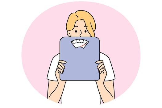 Woman holding scales in hands worried about body weight and figure. Female with weighing scales anxious about diet and weightloss. Vector illustration.