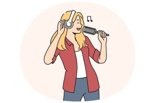 Smiling woman in headphones sing in hairbrush. Happy girl have fun enjoy singing with brush in hands. Hobby and entertainment. Vector illustration.