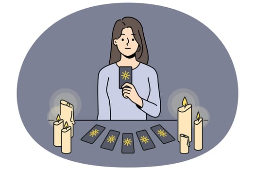 Female soothsayer sit at table with cards predict future. Witch or magician tell fortune with tarot cards. Vector illustration.