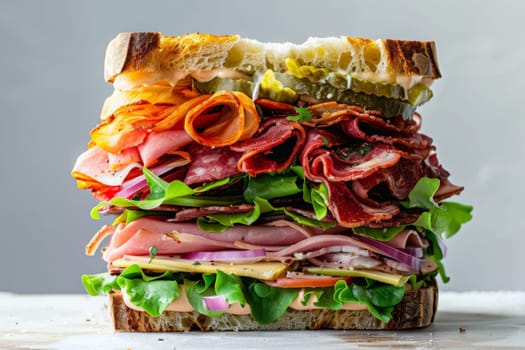 A large sandwich overflowing with layers of savory meat, creamy cheese, and crisp lettuce, a mouthwatering feast for the senses.