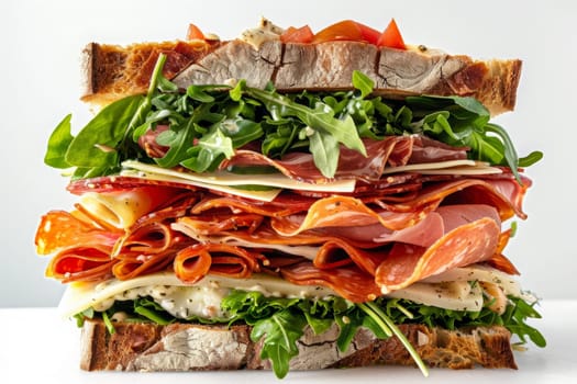 A towering gourmet sandwich with layers of succulent meat, creamy cheese, crisp lettuce, and juicy tomato slices.