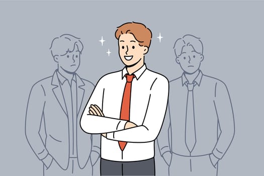 Successful business man stands with arms crossed near unsuccessful and sad opponents. Successful ceo of company rejoices at receiving position on board of directors, despite actions of competitors