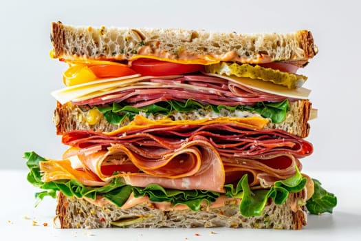 A towering gourmet sandwich overflowing with layers of savory meat, crisp lettuce, juicy tomato, and gooey cheese.