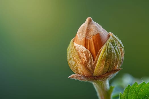 A single hazelnut ready for harvest, cradled by its natural casing against a soft green backdrop.