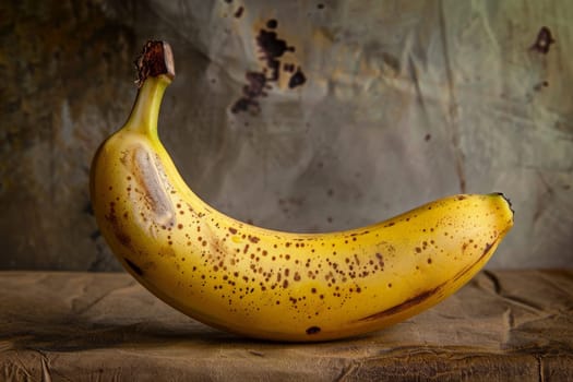 A ripe banana with golden skin sits elegantly on a wooden table, soaking up the warm sunlight.
