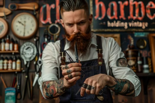 A tattooed barber shows off his tools with focus and style in a traditional barbershop.