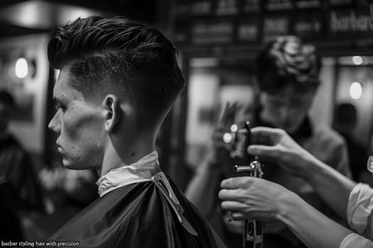 A man is having his hair styled at a barber shop with precision and focus.