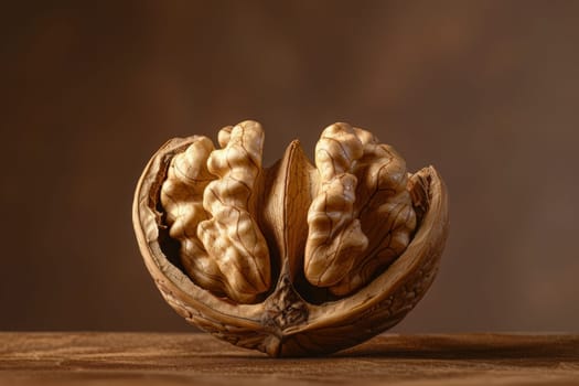 A close-up of a single walnut showcasing its intricate texture against a table backdrop.