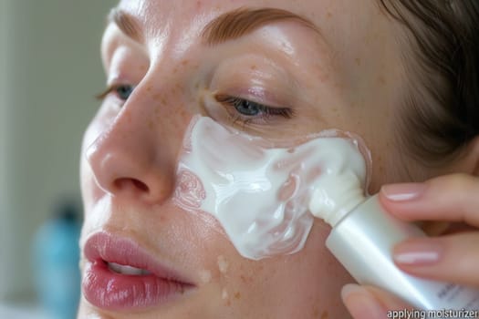 A woman is gently applying a moisturizing facial mask, taking care of her skin with focused attention.