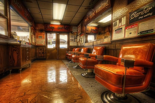 An array of elegant leather chairs fills the waiting area of a barber shop, creating a harmonious ensemble of style and comfort.