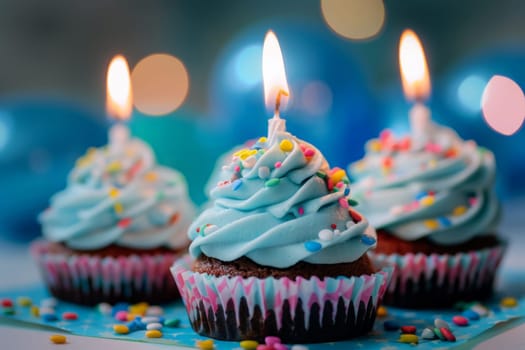Three whimsical cupcakes topped with vibrant blue frosting and colorful sprinkles.