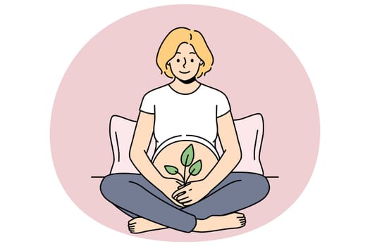 Smiling pregnant woman sit on bed hold green plant at belly. Happy future mother excited with motherhood. Concept of new life and fertility. Vector illustration.