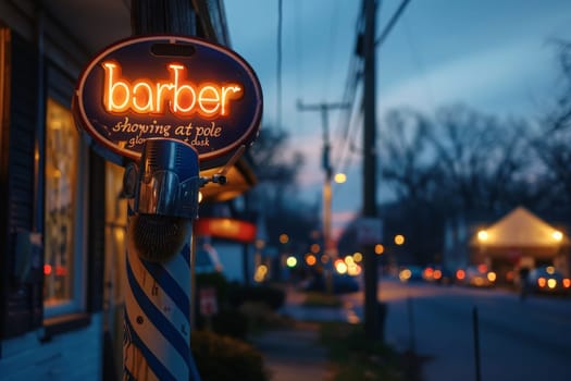 A classic barber shop sign glowing against the night sky, attached to the side of an old brick building.