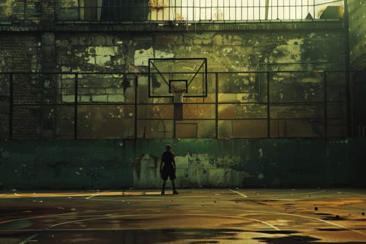 A person stands alone at the center of a basketball court, surrounded by vibrant lines and hoops, exuding strength and concentration.