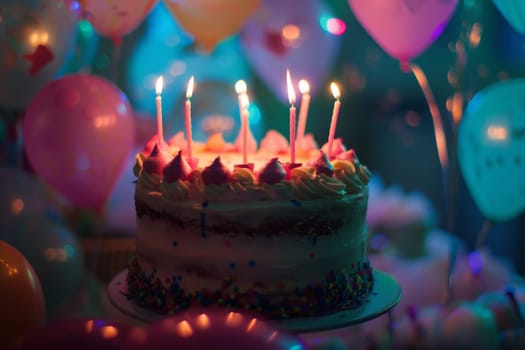 A birthday cake topped with lit candles is surrounded by colorful balloons, creating a vibrant and joyful atmosphere.