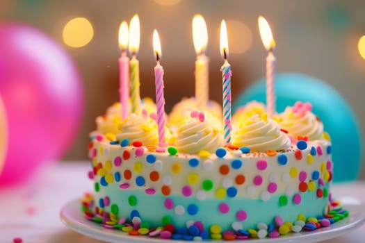 A decadent birthday cake topped with white frosting and colorful candles is ready for a celebration.