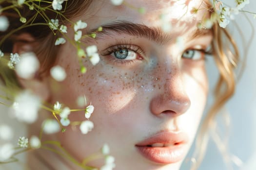 A woman with a face adorned by a scattering of freckles, exuding natural beauty and uniqueness.