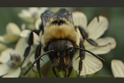 A captivating close-up of a bee delicately collecting nectar from a vibrant flower.