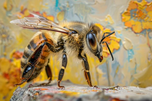 A bee perches delicately on a rock, its intricate wings and fuzzy body contrasting with the rough textures of the stone.