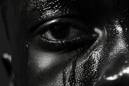 A persons face up close, adorned with intricate black paint designs, creating a striking and artistic look.