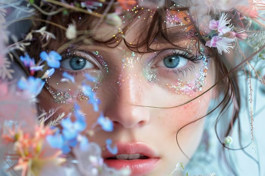 A woman with mesmerizing blue eyes adorned with delicate flowers in her hair, exuding an ethereal and enchanting presence.