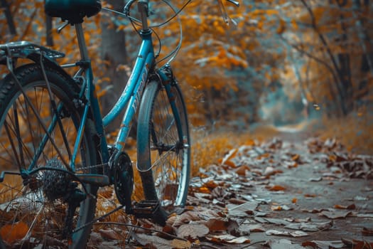 A vibrant blue bicycle is parked on the side of a road covered in a blanket of fallen leaves, surrounded by natures colorful spectacle.