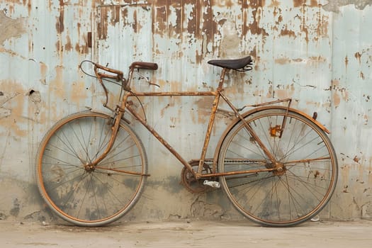 An old rusty bicycle leans against a weathered wall, showing signs of neglect and abandonment.