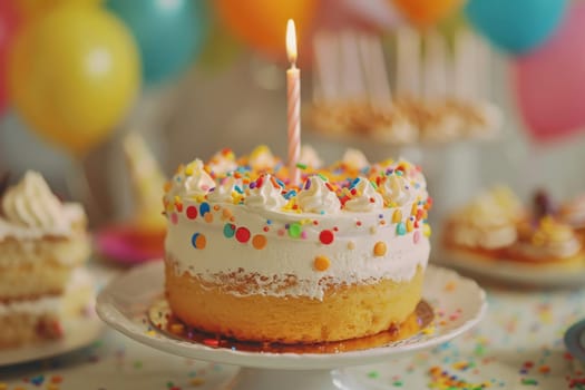 A birthday cake stands adorned with a lone candle, casting a warm glow in a darkened room.