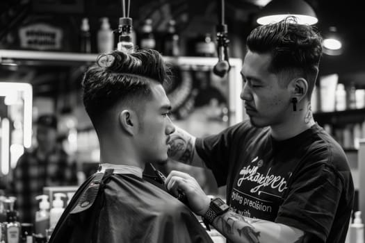 A skilled barber meticulously cuts a mans hair in a traditional barber shop setting.