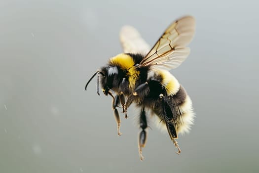 A bee in flight, in a close up view, showcasing its intricate wings and agile movements against a blurred background.