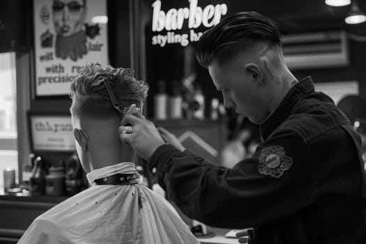 A barber carefully cutting a mans hair in a bustling barber shop, focusing on precision and skill.