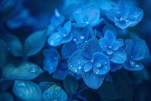 A majestic blue flower glistens under sunlight with shimmering water droplets enhancing its beauty.