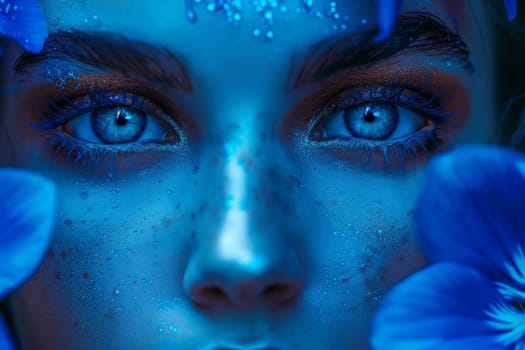 A woman with intricate blue makeup on her face, surrounded by a halo of flowers, exudes a mystical and enchanting presence.