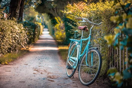 A serene scene of a blue bike parked on the side of a road, surrounded by peaceful surroundings.