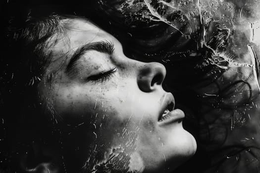 A woman peacefully closes her eyes, lost in thought, in a captivating black and white portrait.