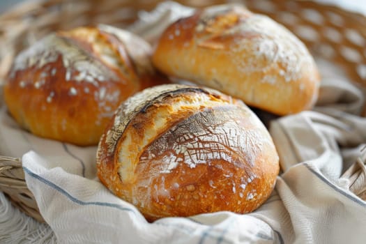 Three loaves of bread, each with a unique shape and texture, rest peacefully in a rustic basket.
