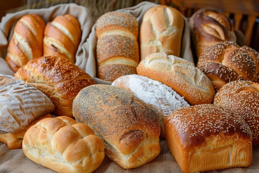 A colorful assortment of various types of bread beautifully arranged on a wooden table.