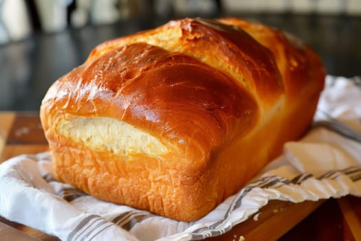 A freshly baked loaf of bread sits on a rustic wooden cutting board.