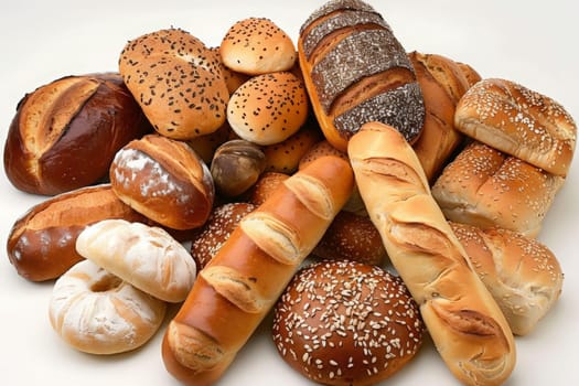 A variety of bread types stacked on a pristine white surface, showcasing the rich textures and flavors of different loaves.