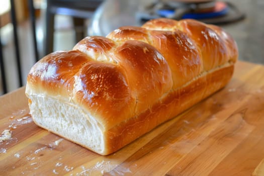 A rustic loaf of bread rests atop a weathered wooden cutting board.