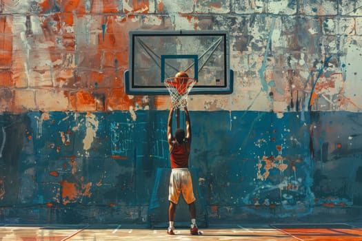 A dynamic painting capturing the moment a man leaps high into the air, ball in hand, ready to slam dunk the basketball.