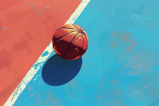 A basketball rests on a vibrant blue and red court, exuding the anticipation of an upcoming game.