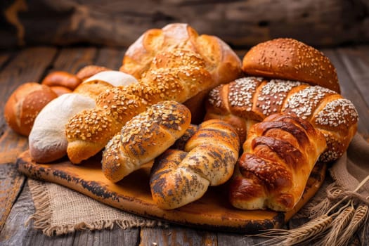 A variety of fresh bread loaves and rolls are displayed beautifully on a table.